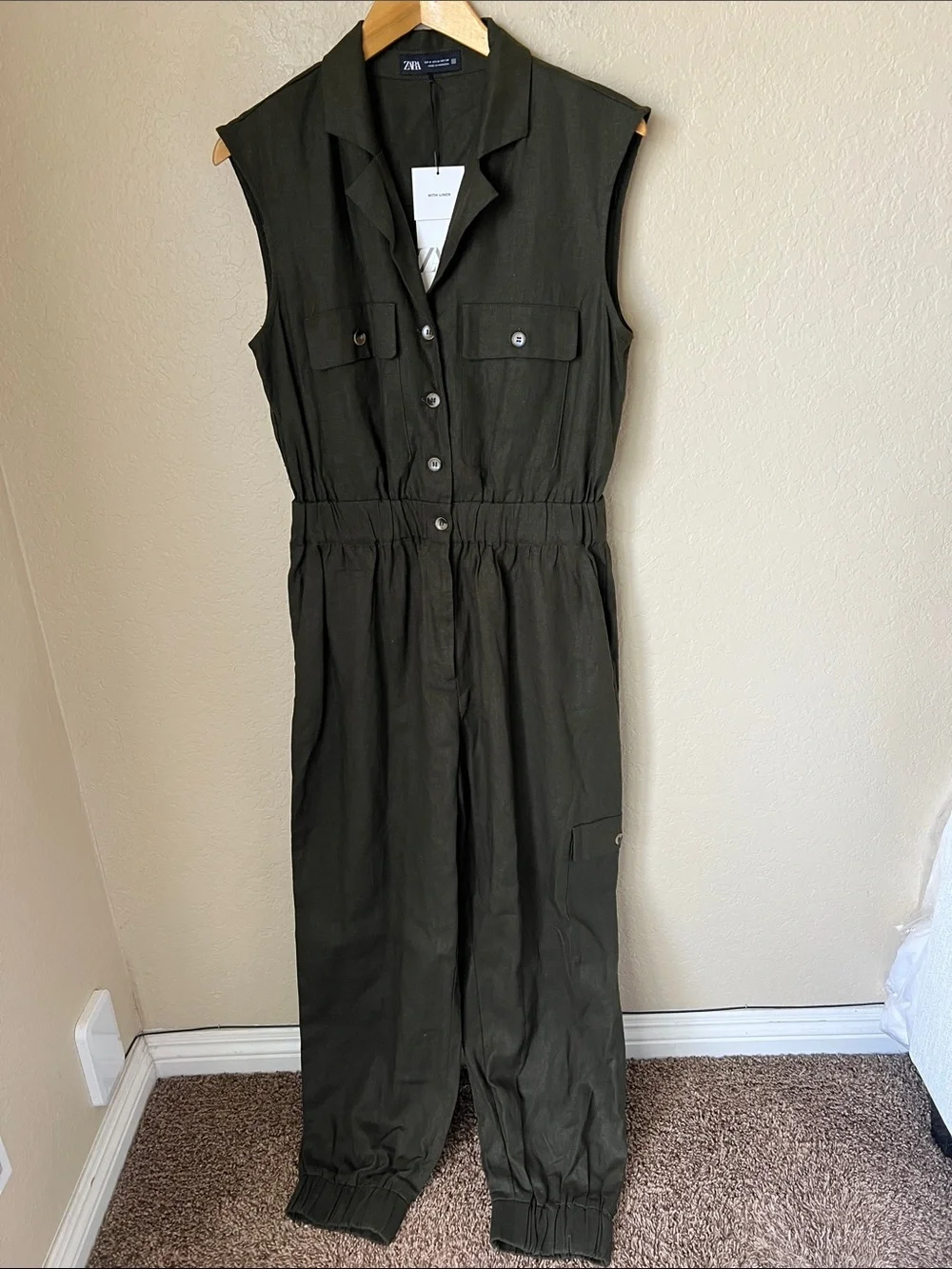 NWT Zara  dark khaki green linen blend utility jogger jumpsuit M